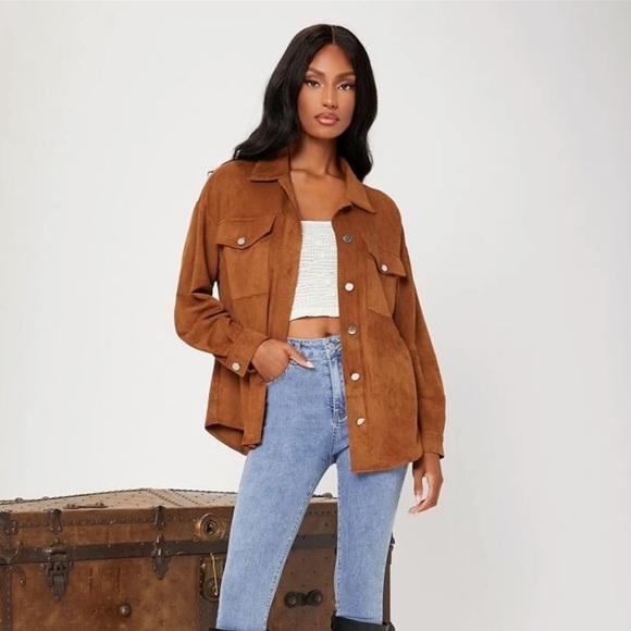Tops - Vegan Suede Button Down Shirt Jacket